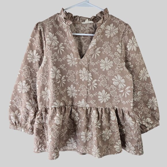 entro Tops - Entro VIctorian Blouse Sz Small Tan Floral Embroidred Boho Oversized Peplum Top